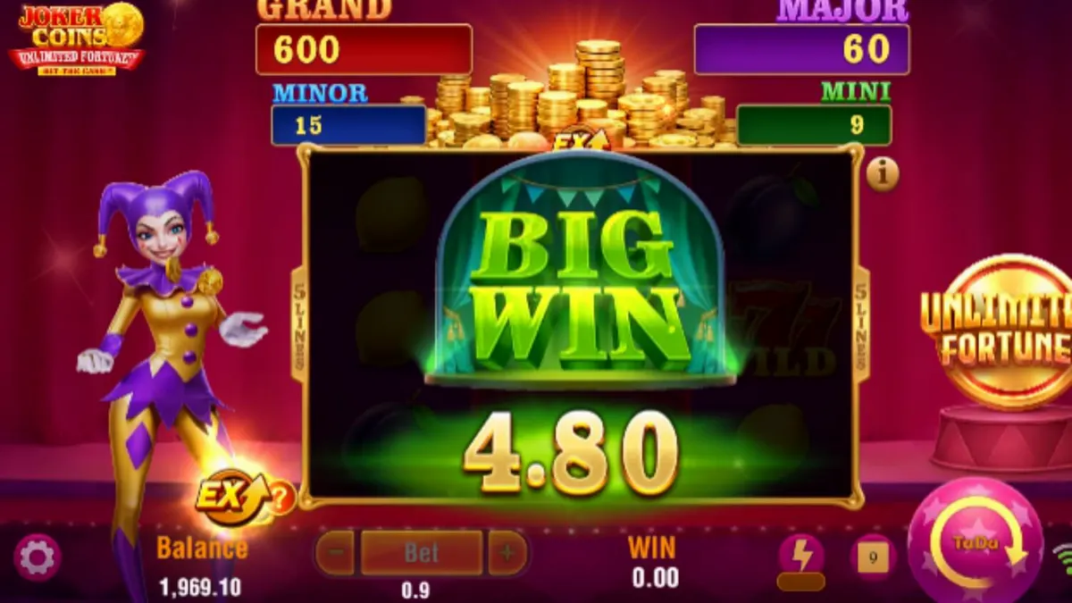 Joker Coins Unlimited Fortune slot machine interface with neon fruit symbols and joker character