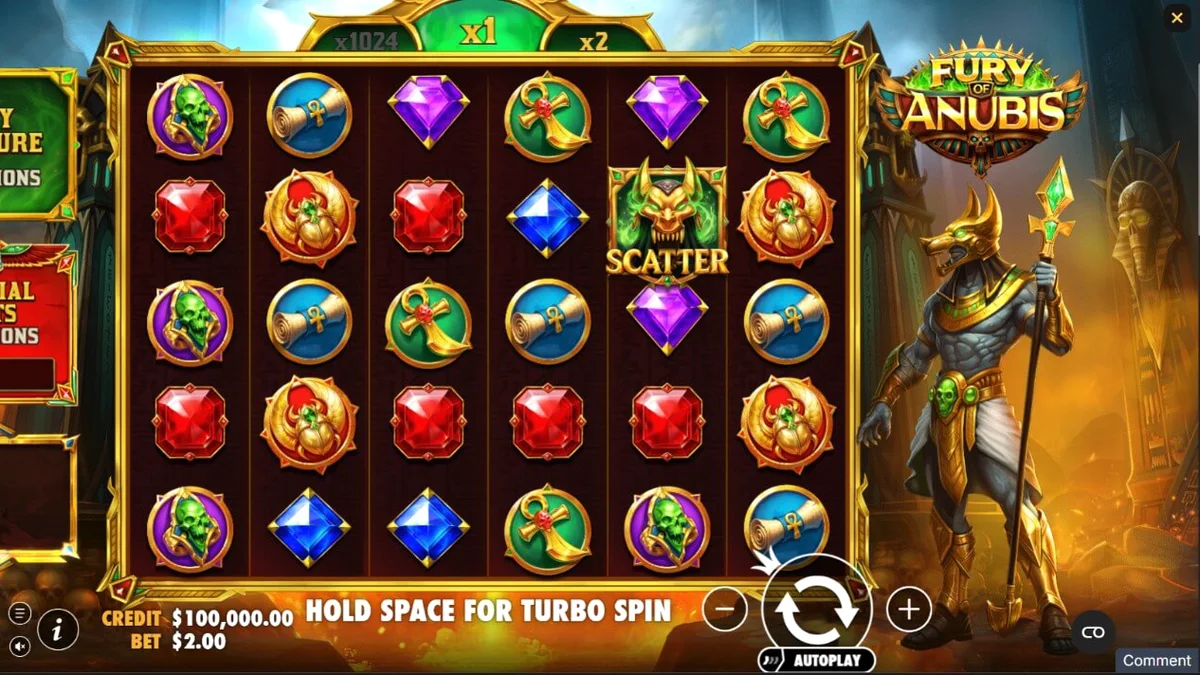 Tampilan visual slot Fury of Anubis dengan tema Mesir Kuno yang gelap